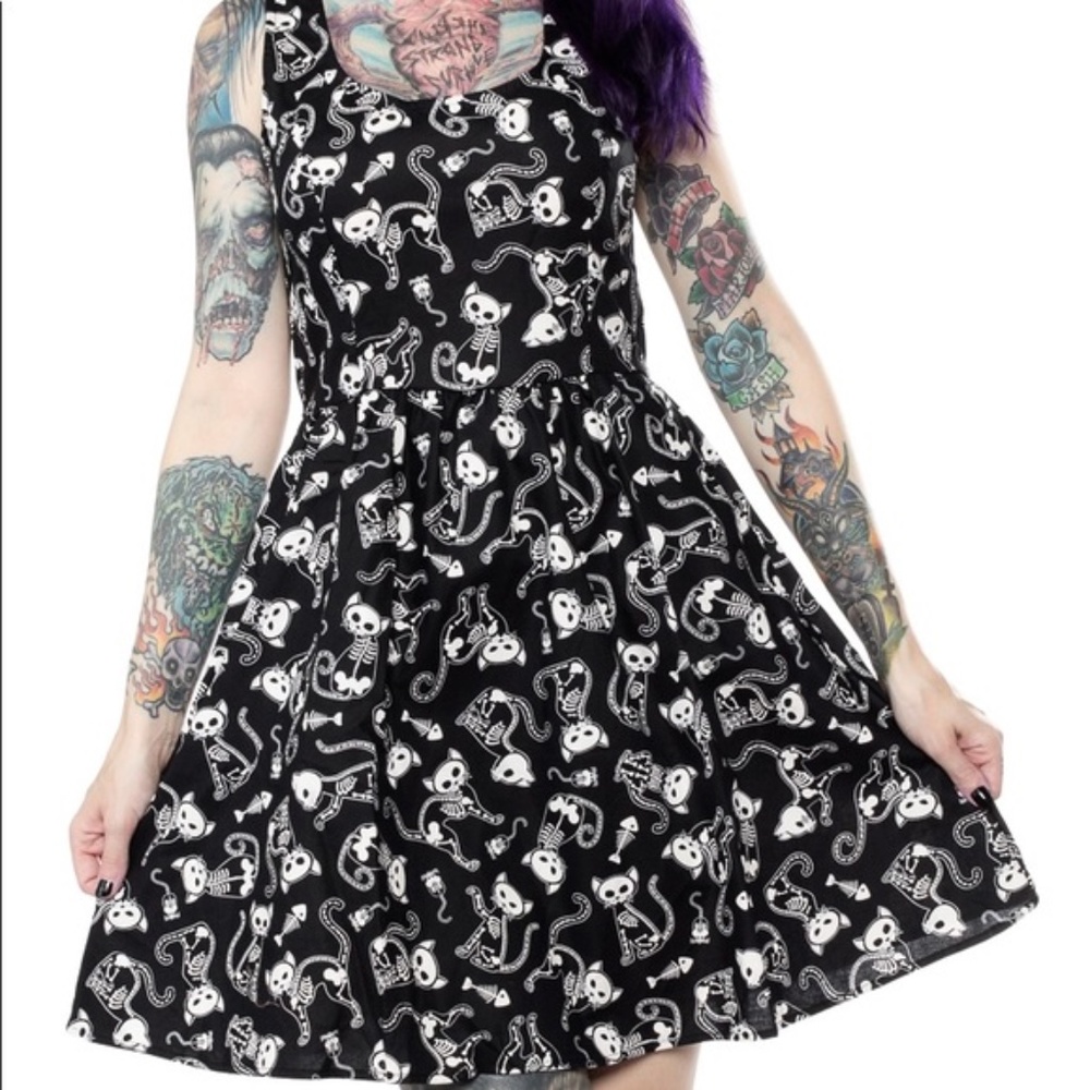 ModCloth Black Mini Dress with White Skeleton Cat Print